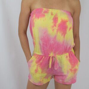 Women's Bohemian Summer Tube Top Strapless Multi-Color Tie Dye Romper w/ Pockets